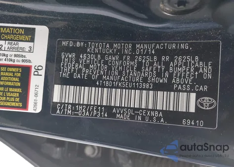 2014 Toyota Camry Hybrid Le из США, поврежденный, VIN 4T1BD1FK5EU113983